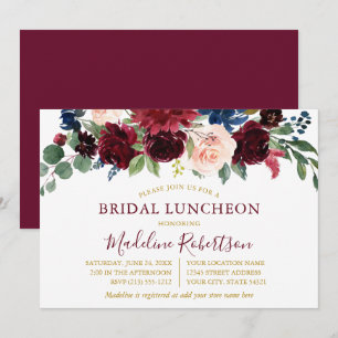 Waterverf Burgundy Mixed Floral Bridal Lunch Gold Kaart