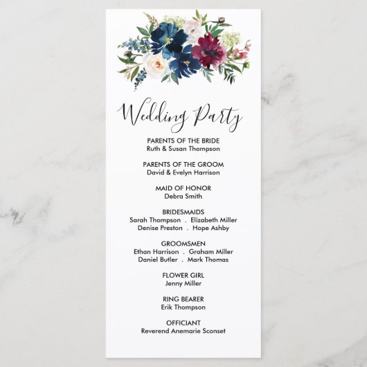 Waterverf Burgundy Navy Flowers Wedding Program Programma (Achterkant)