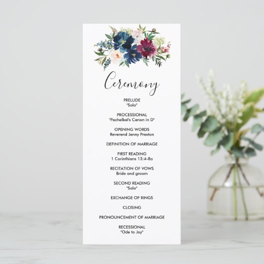 Waterverf Burgundy Navy Flowers Wedding Program Programma (Staand voorkant)