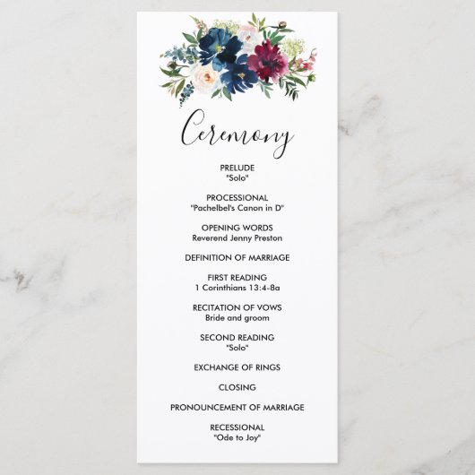 Waterverf Burgundy Navy Flowers Wedding Program Programma (Voorkant)