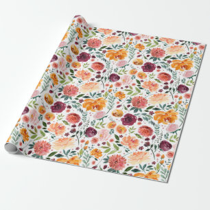 Waterverf Burgundy Oranje Roze Garden Flowers Cadeaupapier