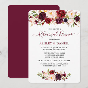 Waterverf Burgundy Pink Floral Rehearsal Dinner Kaart