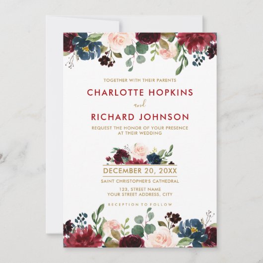 Waterverf Burgundy Red Navy Floral Rustic Boho Kaart (Voorkant)