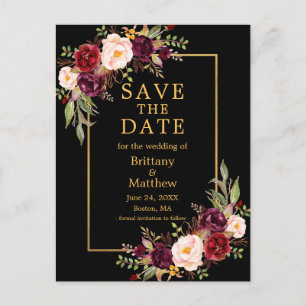 Waterverf Burgundy Rozen Black Gold Save the Date Briefkaart