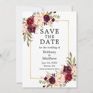 Waterverf Burgundy Rozen Gold Lijst Save The Date