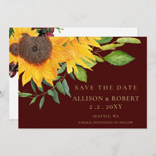 Waterverf Burgundy Sunflower Rustic Wedding Save The Date (Voorkant / Achterkant)