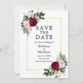Waterverf Burgundy White Floral Foto Gold Save The Date (Voorkant)