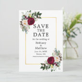 Waterverf Burgundy White Floral Foto Gold Save The Date (Staand voorkant)