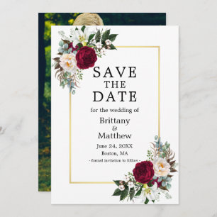 Waterverf Burgundy White Floral Foto Gold Save The Date
