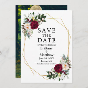 Waterverf Burgundy White Floral Geo Lijst Foto Save The Date