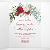 Waterverf Burgundy & White Roses, Lily, W/Menu T Drieluik Uitnodiging (Binnenkant midden)