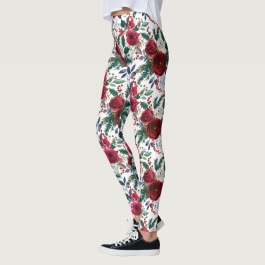 Waterverf Burgundy Winter Flowers Kerstmis Leggings (Links)