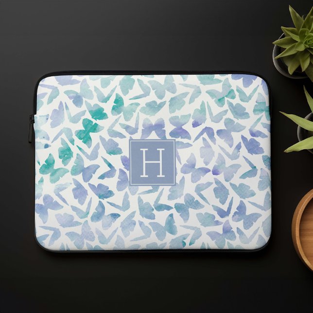 Waterverf Butterflies Monogrammen Laptop Sleeve (Creator heeft geüpload)