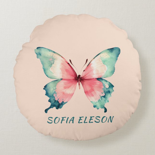 Waterverf Butterfly Elegant Blush Pink Naam Rond Kussen (Voorkant)