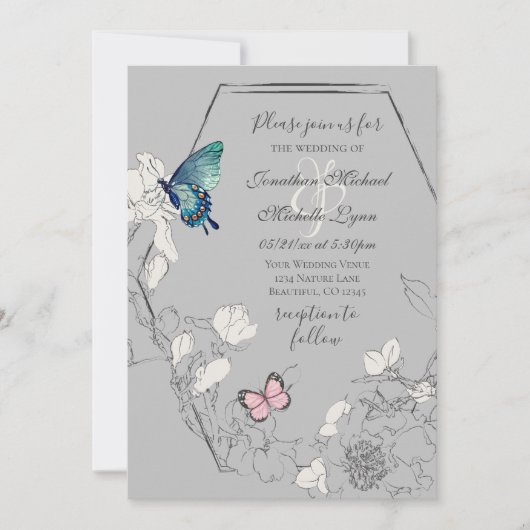 Waterverf Butterfly en Flower Geometric Wedding Kaart (Voorkant)