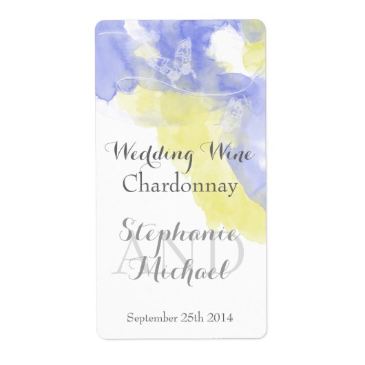 Waterverf Butterfly Periwinkle Wedding Wine Label (Voorkant)