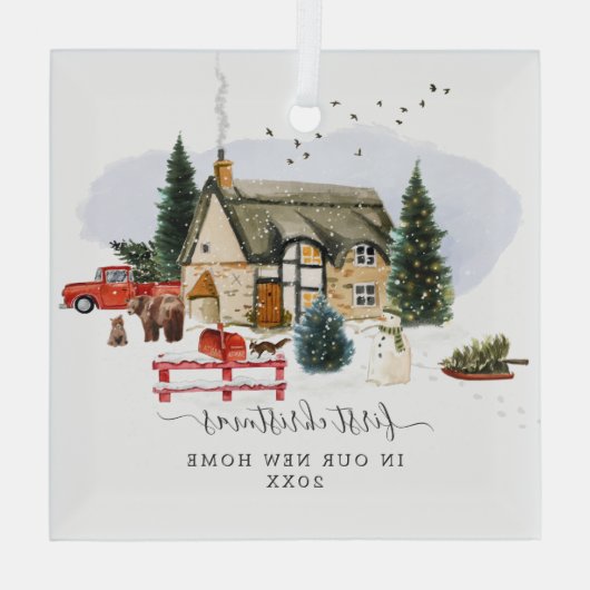 Waterverf Cabin | Eerste Kerstdag Nieuw startpunt Glas Ornament (Achterkant)