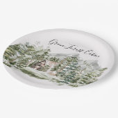 Waterverf Cabin in het groene dennenbos Papieren Bordje (Gekanteld)