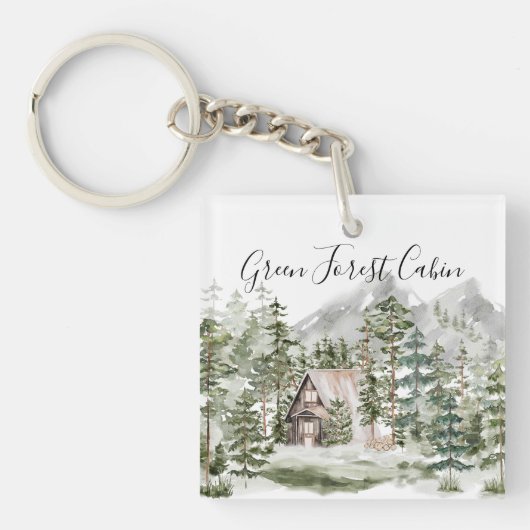 Waterverf Cabin in het groene dennenbos Sleutelhanger (Voorkant)