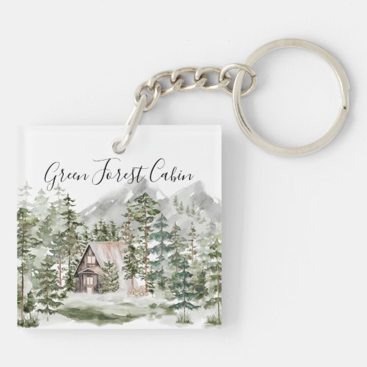 Waterverf Cabin in het groene dennenbos Sleutelhanger (Achterkant)