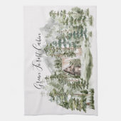 Waterverf Cabin in het groene dennenbos Theedoek (Verticaal)