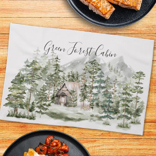 Waterverf Cabin in het groene dennenbos Theedoek
