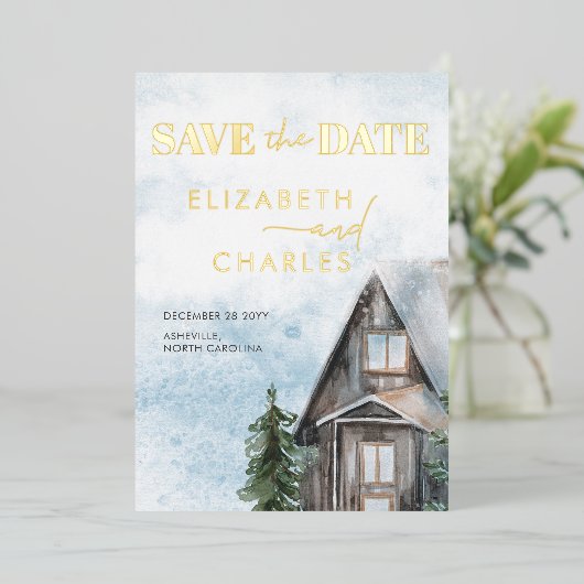 Waterverf Cabin Rustieke Winter Save The Date Folie Uitnodiging (Staand Voorkant)