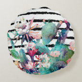  Waterverf Cactus Floral Black Stripes Rond Kussen (Achterkant)