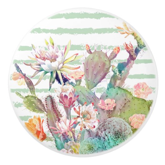 Waterverf Cactus Floral Stripes Design Keramische Knop (Voorkant)