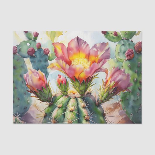 Waterverf Cactus met levendige woestijnbloemen Tissuepapier (Voorkant)