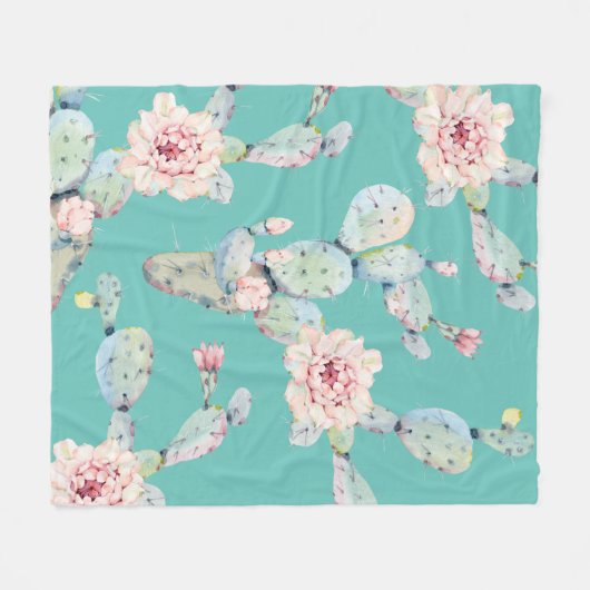 Waterverf Cactus met Roze Bloemen Modern Pattern Fleece Deken (Voorkant (Horizontaal))