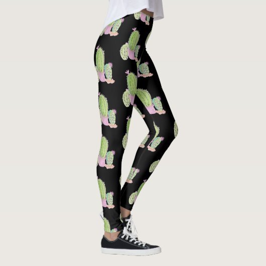 Waterverf Cactus Pot Plant Pattern Black Leggings (Rechts)