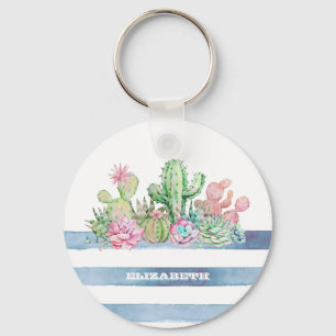 Waterverf Cactus Succulent Flowers Stripes Sleutelhanger