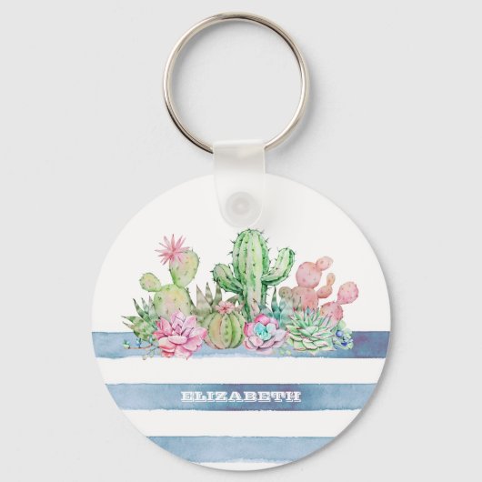 Waterverf Cactus Succulent Flowers Stripes Sleutelhanger (Voorkant)