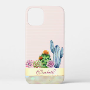 Waterverf Cactus, Succulent Pink Stripe iPhone 12 Mini Hoesje