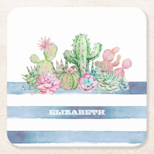 Waterverf Cactus Succulenten Bloemen Strepen Vierkante Kartonnen Onderzetter