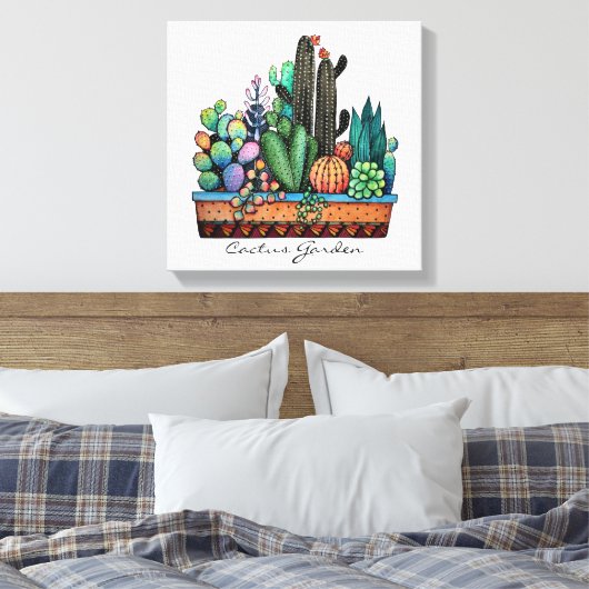 Waterverf cactus tuin in potten canvas afdruk (Insitu (Slaapkamer))