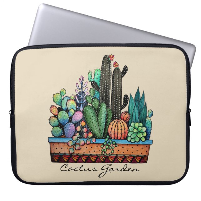 Waterverf cactus tuin in potten laptop sleeve (Voorkant)