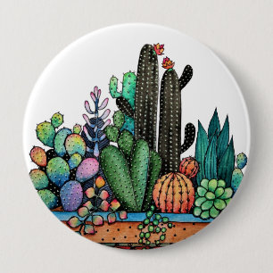 Waterverf cactus tuin in potten ronde button 4,0 cm