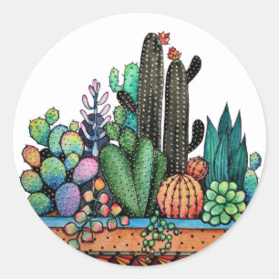 Waterverf cactus tuin in potten ronde sticker