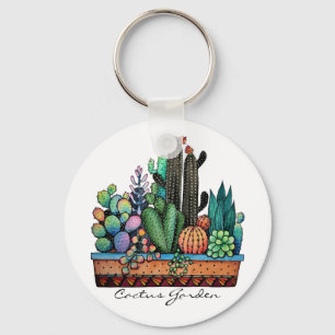Waterverf cactus tuin in potten sleutelhanger