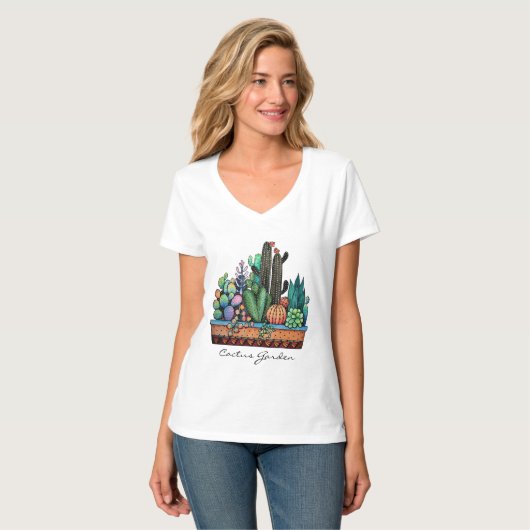 Waterverf cactus tuin in potten t-shirt (Voorkant volledig)
