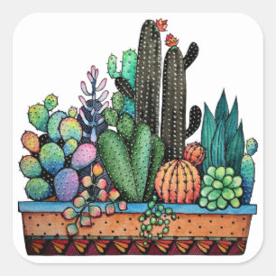 Waterverf cactus tuin in potten vierkante sticker