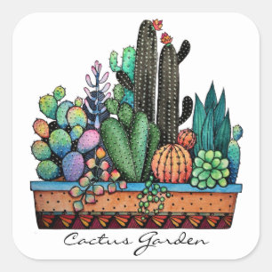 Waterverf cactus tuin in potten vierkante sticker
