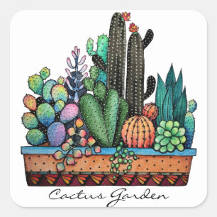 Waterverf cactus tuin in potten vierkante sticker