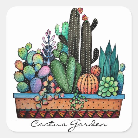 Waterverf cactus tuin in potten vierkante sticker (Voorkant)