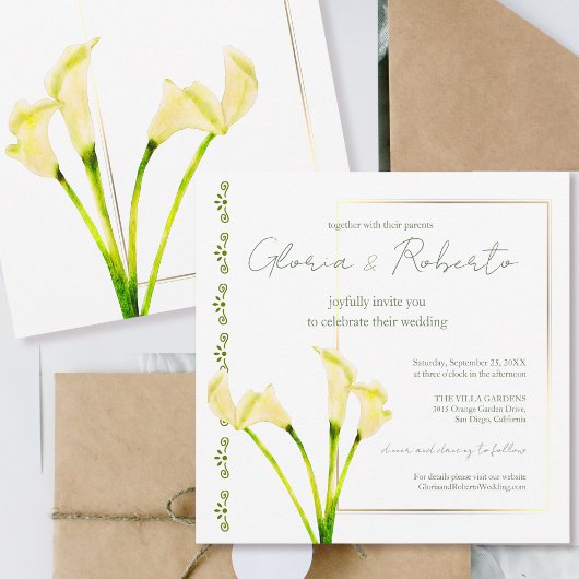 Waterverf Calla Lily met gouden Lijst bruiloft Kaart