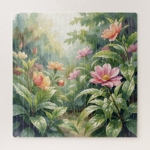 Waterverf Camellia Bloemen in een Regenachtige Tui Legpuzzel