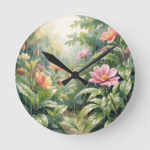 Waterverf Camellia Bloemen in een Regenachtige Tui Ronde Klok