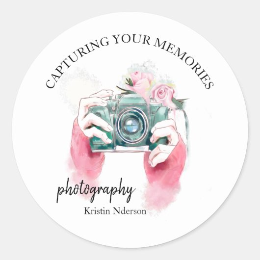 Waterverf camera met roze klassieke ronde Sticker (Voorkant)